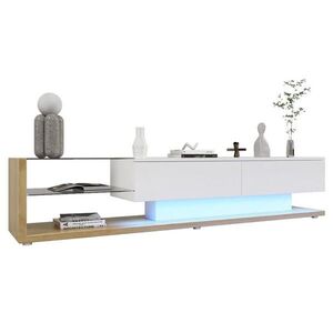 Modfu TV stolek z dřevotřísky 170x36x38 cm bílý ve vysokém lesku s LED osvětlením, 2 zásuvkami a skleněnými policemi obraz