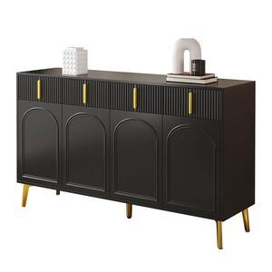 Modfu KOMODA z MDF 140x38x82 cm černá se 4 dvířky, 4 zásuvkami a nastavitelnými policemi se zlatými detaily obraz