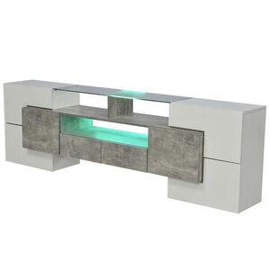 Modfu TV stolek z MDF 200x35x60 cm bílý a šedý s LED osvětlením, 6 dvířky a 2 zásuvkami obraz