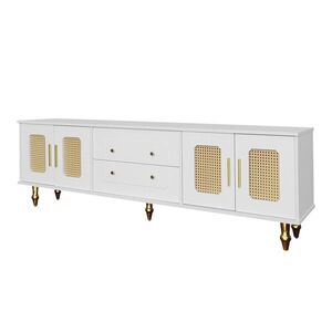 Modfu TV stolek z dřevotřísky 175x38x55, 5 cm bílý s PVC ratanovými dvířky, zásuvkami Push-to-Open a zlatými detaily obraz
