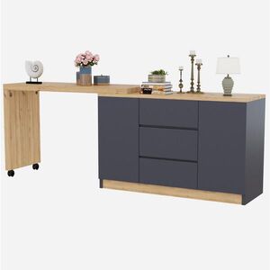 Modfu PSACÍ stůl z dřevotřísky 120x50x76, 5 cm šedá/dub otočný, skládací se 2 dvířky, 3 zásuvkami a kolečky s brzdou obraz