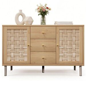 Modfu KOMODA z MDF a kovu 120x40x75 cm dubová se 2 dvířky, 3 zásuvkami a výškově nastavitelnými policemi obraz