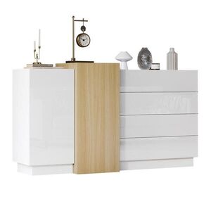 Modfu KOMODA z MDF 140x35x76, 5 cm bílá s vysokým leskem, bezúchytkovým otvíráním a 4 zásuvkami obraz