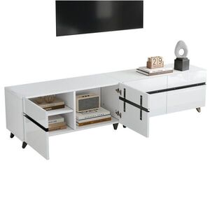 Modfu TV stolek z MDF 180x40x49 cm bílý s černými liniemi, se 4 skříňkami a nastavitelnými příčkami obraz