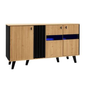 Modfu KOMODA z dřevotřísky a skla 140x78, 5x41 cm přírodní a černá se 3 dvířky, policemi a LED osvětlením obraz