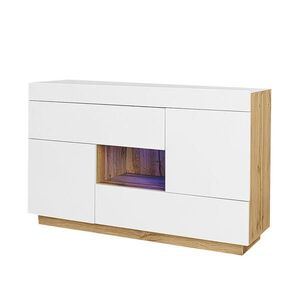 Modfu KOMODA z dřevotřísky 120x76, 5x37 cm bílá s LED osvětlením, 2 zásuvkami, 2 dvířky a otevřenou přihrádkou obraz