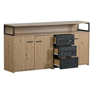 Modfu KOMODA z dřevotřísky 150x35x75, 9 cm černá a hnědá se 3 dvířky, 3 zásuvkami a nastavitelnými policemi obraz