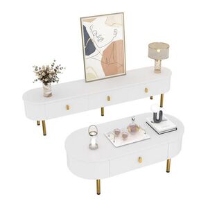 Modfu SESTAVA TV stolku a konferenčního stolku z MDF 174x41x35 cm / 108x40x50 cm bílá se zásuvkami a zaoblenými hranami obraz