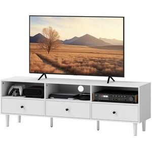 Modfu TV stolek z dřevotřísky 140x34x45 cm bílá se 3 zásuvkami, 3 přihrádkami a kabelovou průchodkou obraz