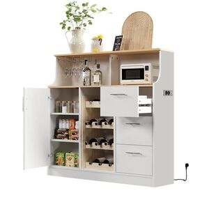 Modfu PŘÍBORNÍK z MDF 120x40x121 cm bílá/přírodní s LED osvětlením, elektrickou zásuvkou, vinotékou a držákem na sklenice obraz