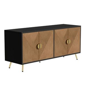 Modfu PŘÍBORNÍK z MDF a dřevotřísky 160x40x75 cm černý/dekor dřeva se 4 dvířky, soft-close panty a zlatými detaily obraz