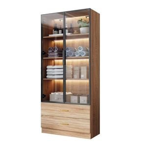 Modfu KOUPELNOVÁ skříňka z MDF 75x34.5x170 cm hnědá s otevřenými policemi, dvířky, zásuvkami a tvrzeným sklem obraz