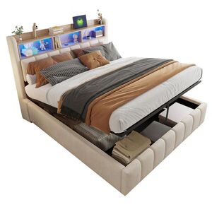 OKWISH ČALOUNĚNÁ postel 180/200 cm béžová z lněné tkaniny s LED osvětlením, USB a úložným prostorem obraz