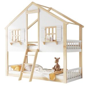 Modfu PATROVÁ postel z masivního dřeva a MDF 90x200 cm bílá/přírodní se střechou, okny, šikmým žebříkem a zábranami obraz