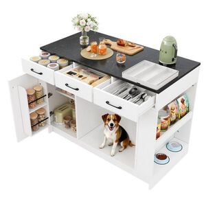 OKWISH KUCHYŇSKÝ ostrůvek 120/60/90 cm bílý z MDF se třemi zásuvkami a policí pro domácí mazlíčky obraz