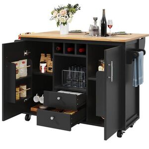 OKWISH KUCHYŇSKÝ ostrůvek 137, 9/73/92, 2 cm černý z MDF a kovu s klopnou pracovní deskou a kolečky obraz