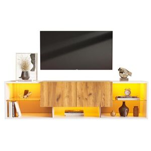 OKWISH TV stolek 160/40/42 cm bílá a přírodní dub z dřevotřísky s LED osvětlením a dvěma zásuvkami obraz