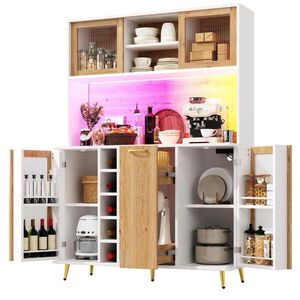 OKWISH BOČNÍ skříň 120/40/180 cm bílá v dekoru dřeva z MDF s LED osvětlením, vinotékou a zásuvkou obraz