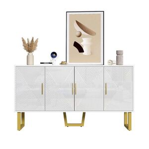 OKWISH BOČNÍ skříň 150/40/82 cm bílá z MDF a dřevotřísky s lesklými dvířky a zlatými úchyty obraz