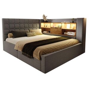 OKWISH ČALOUNĚNÁ postel 140x200 cm šedá z lnu s LED osvětlením, úložným prostorem a USB nabíjením obraz