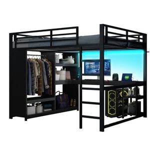 OKWISH VYSOKÁ postel 160/200 cm černá s LED osvětlením psacím stolem a otevřenou skříní z kovu a MDF obraz