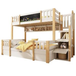 Modfu PATROVÁ postel z masivního dřeva 90x200 a 140x200 cm bílá/přírodní s tabulí, úložnými schody a zásuvkami obraz