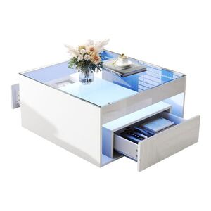 Modfu KONFERENČNÍ stolek z MDF a tvrzeného skla 70x70x35 cm bílý se 2 zásuvkami, LED osvětlením a otevřenou přihrádkou obraz