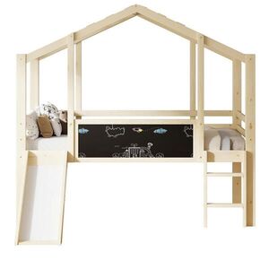 OKWISH PATROVÁ postel 90/200 cm, design podkrovní postele se skluzavkou a tabulí z masivního dřeva obraz