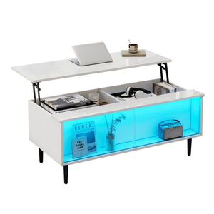 OKWISH KONFERENČNÍ stolek 105/50/43 cm bílý z dřevotřísky a tvrzeného skla s LED a výklopnou deskou obraz
