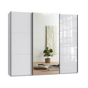 luma-home SKŘÍŇ S POSUVNÝMI DVEŘMI, 3dveřová, 250 × 216 × 65 cm (Š×V×H), bílá barva se skleněnými čely, jedny zrcadlové dveře / 22033 obraz