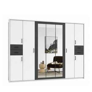 luma-home SKŘÍŇ S OTOČNÝMI DVEŘMI Š313/V210/H58 cm, bílá s grafitovými akcenty, s paspartou, 3 zrcadlovými dveřmi a zásuvkami, černé úchytky / 22584 obraz