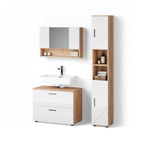 Livinity® KOUPELNOVÝ NÁBYTEK Ronco, Bílá vysoký lesk/Zlatý mocný dub, 3dílná obraz