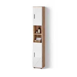 Livinity® KOUPELNOVÁ SKŘÍŇKA Ronco Bílý vysoký lesk/zlatý dub power 30 x 192 cm s dvířky a otevřenými přihrádkami obraz
