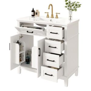 OKWISH KOUPELNOVÁ skříňka s umyvadlem 90/46/87 cm bílá z MDF a keramiky s tichými zásuvkami obraz