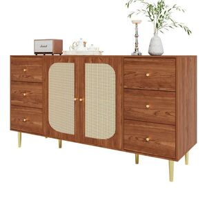 Modfu KOMODA z MDF 160x40x90 cm v dekoru dřeva se 6 zásuvkami a 2 ratanovými dvířky obraz