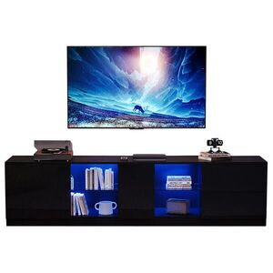 Modfu TV stolek z MDF 160x52x40 cm černý s LED osvětlením, vysokým leskem a úložným prostorem obraz