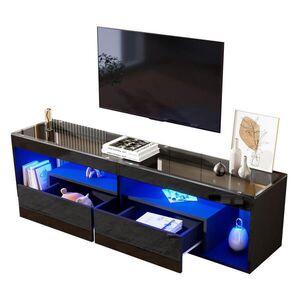Redom TV stolek 180/40/46 cm s LED osvětlením, dvěma zásuvkami a lesklým provedením, Černá obraz