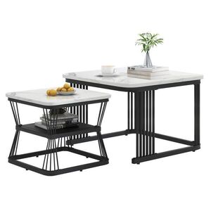 Redom KONFERENČNÍ stolek 65/65/45 a 45/45/39, 5 cm s mramorovým leskem a černými ocelovými nohami, Bílá obraz