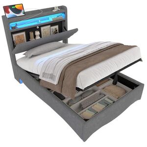 FLIEKS ČALOUNĚNÁ POSTEL 90x200 Šedá Len LED USB Úložný Prostor obraz