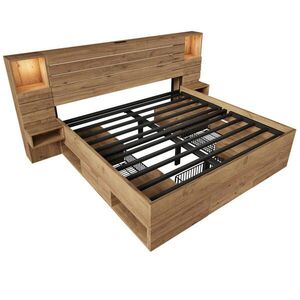 Modfu MANŽELSKÁ postel z MDF a kovu 180x200 cm dubová s LED osvětlením, USB/USB-C a úložnými zásuvkami obraz