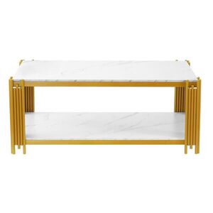 Modfu KONFERENČNÍ stolek z MDF a kovu 114x46x64 cm bílá/zlatá se 2 policemi a deskou v mramorovém dekoru obraz