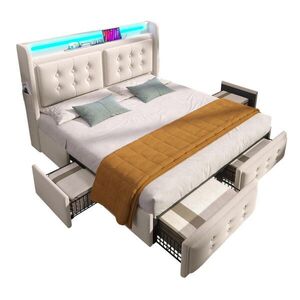 FLIEKS ČALOUNĚNÁ POSTEL 140x200 Béžová LED USB-C 4 Zásuvky obraz