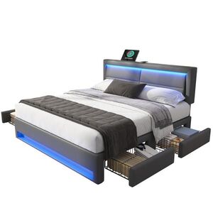 FLIEKS ČALOUNĚNÁ POSTEL 140x200 Šedá PU LED USB 4 Zásuvky obraz