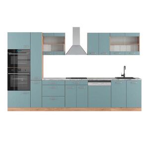 Vicco KUCHYNĚ R-Line Modrošedý/zlatý dub 350 cm s vysokou skříní, PD Mramor obraz
