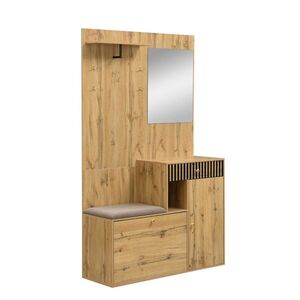 Modfu PŘEDSÍŇOVÁ stěna z MDF 110x37x185 cm černá a přírodní se zrcadlem, čalouněným sedákem a nastavitelnými policemi obraz