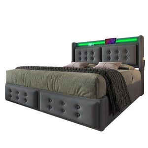 Modfu ČALOUNĚNÁ postel z bavlněno-lněné tkaniny 140x200 cm šedá s LED, USB-C, 4 zásuvkami a matrací obraz