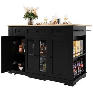Modfu KUCHYŇSKÝ ostrůvek z MDF a kovu 151, 5x60x91, 7 cm černý a přírodní se sklopnou deskou, úložným prostorem a tvrzeným sklem obraz