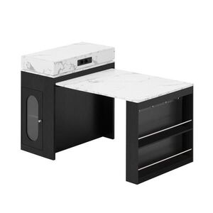 Modfu KUCHYŇSKÝ ostrov z MDF a skla 146x83x96 cm černý s rozkládací deskou, zásuvkou, policemi a vestavěnými zásuvkami obraz