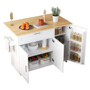 Modfu KUCHYŇSKÝ vozík z MDF 132, 5x44(70)x90 cm bílý/přírodní se sklopnou deskou, 5 kolečky a úložným prostorem obraz