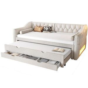 Modfu DENNÍ postel z MDF a lněné tkaniny 90x200 cm béžová s LED osvětlením, výsuvným lůžkem a 3 zásuvkami obraz